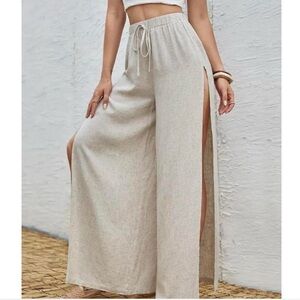 Khaki Tan Beige High Waist Slit Pants